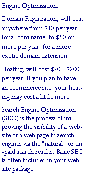 Text Box: Engine Optimization.Domain Registration, will cost anywhere from $10 per year for a .com name, to $50 or more per year, for a more exotic domain extension.Hosting, will cost $60 - $200 per year. If you plan to have an ecommerce site, your hosting may cost a little more.Search Engine Optimization (SEO) is the process of improving the visibility of a website or a web page in search engines via the "natural" or un-paid search results. Basic SEO is often included in your website package. 