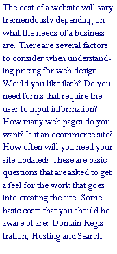 Text Box: The cost of a website will vary tremendously depending on what the needs of a business are. There are several factors to consider when understanding pricing for web design. Would you like flash? Do you need forms that require the user to input information? How many web pages do you want? Is it an ecommerce site? How often will you need your site updated? These are basic questions that are asked to get a feel for the work that goes into creating the site. Some basic costs that you should be aware of are: Domain Registration, Hosting and Search 